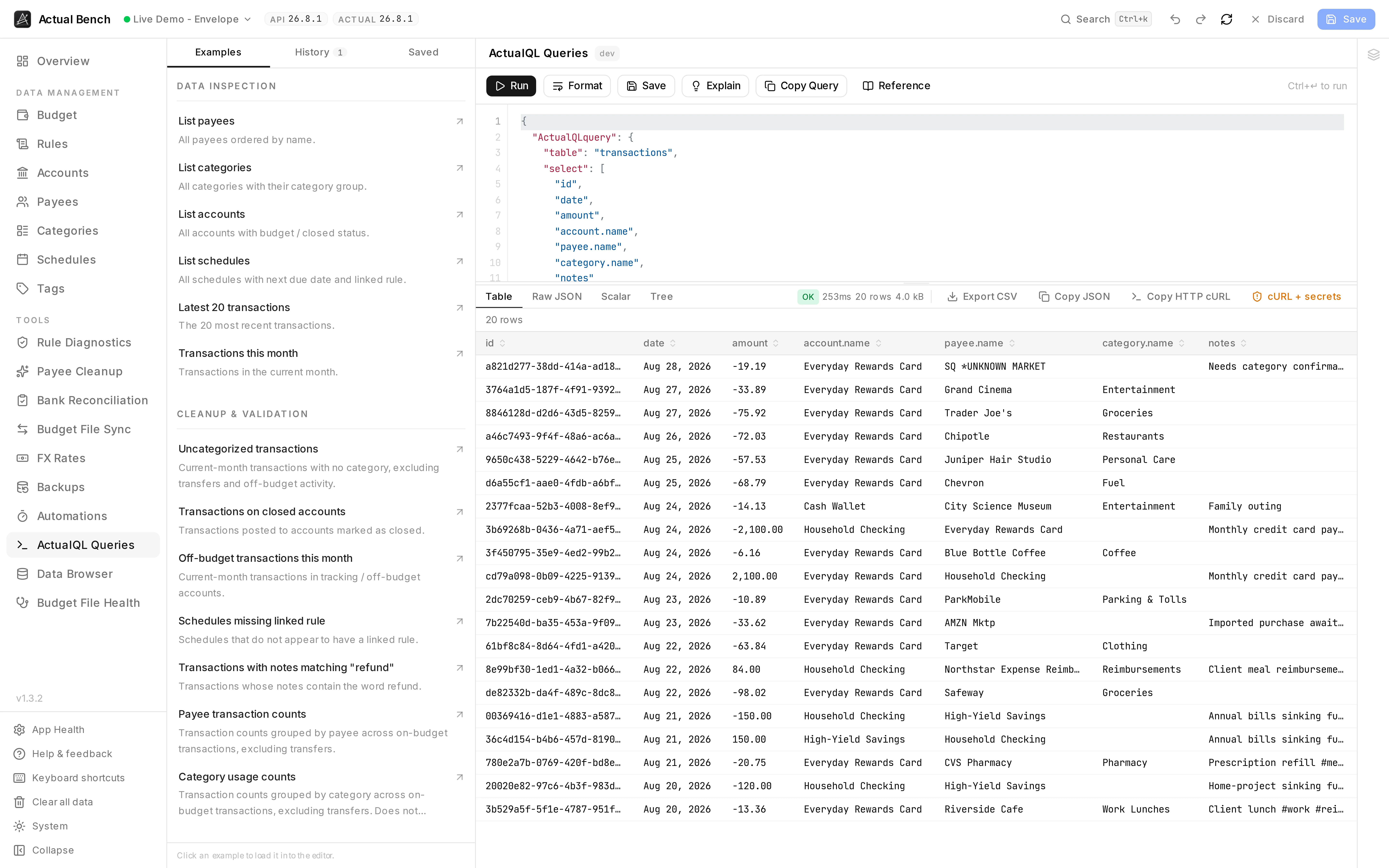The ActualQL workspace with a query in the editor and its twenty result rows in the table below.