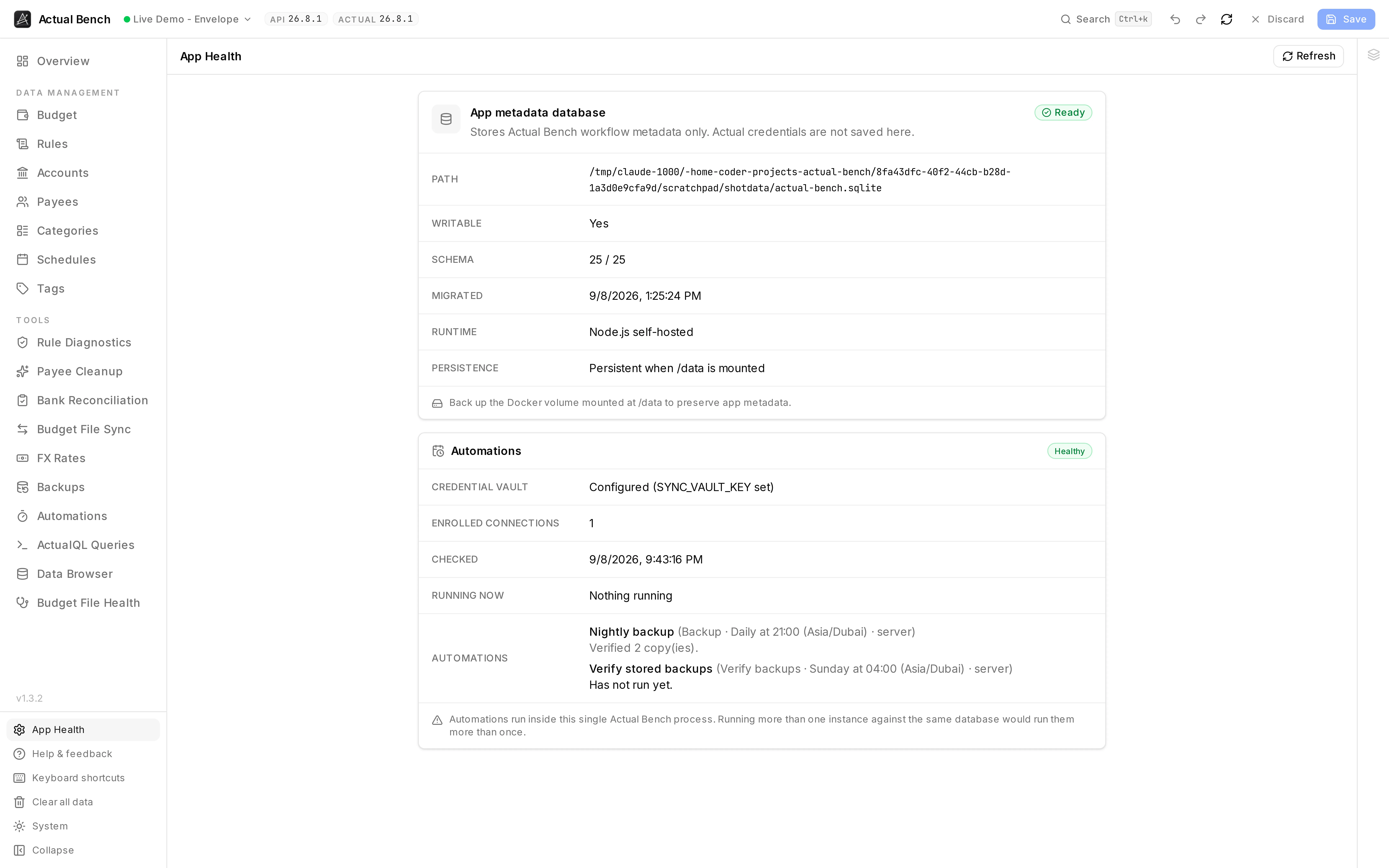 App Health reporting on the metadata database, its storage and the scheduler.
