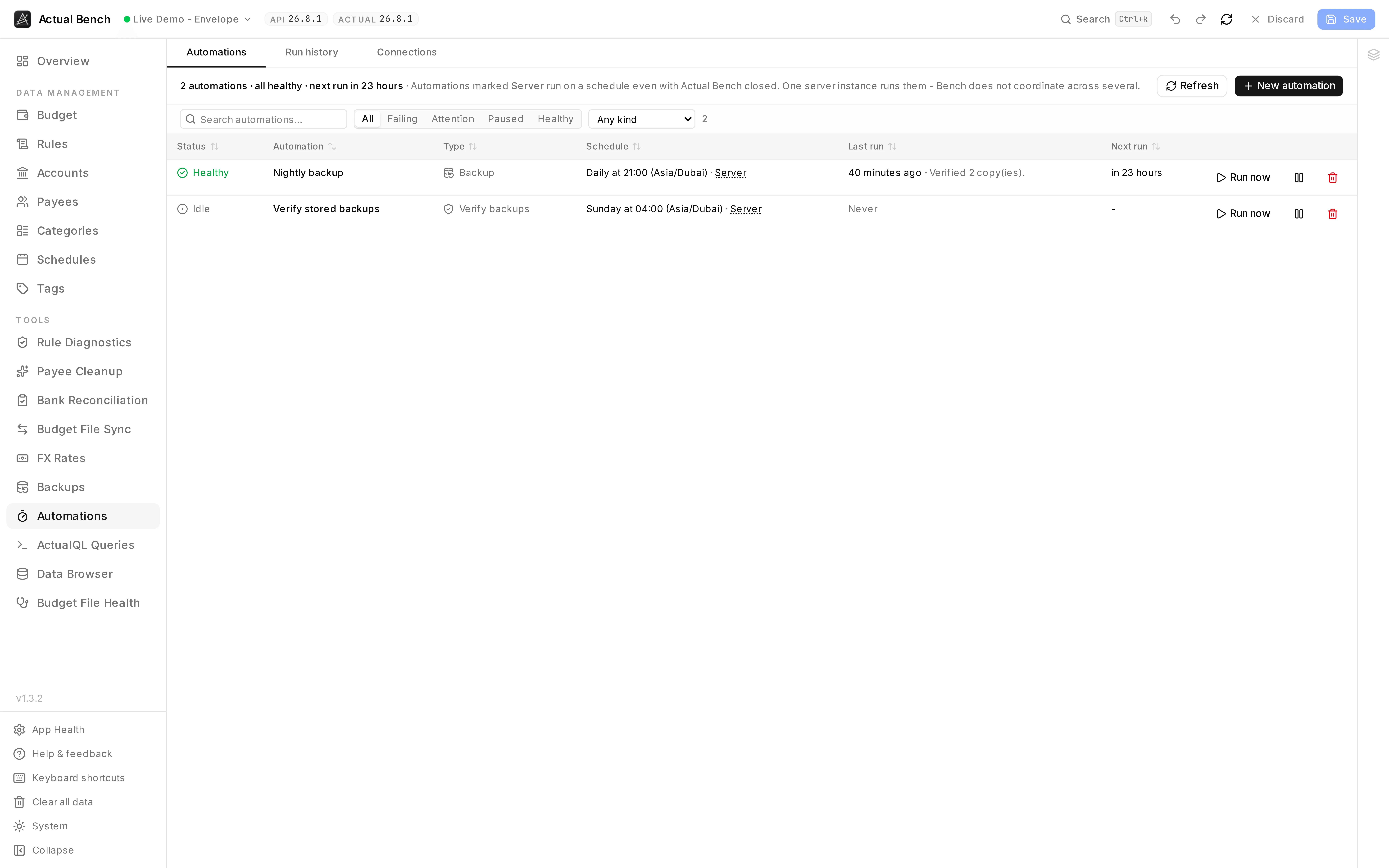 The Automations table listing two scheduled jobs with their status, schedule and last result.