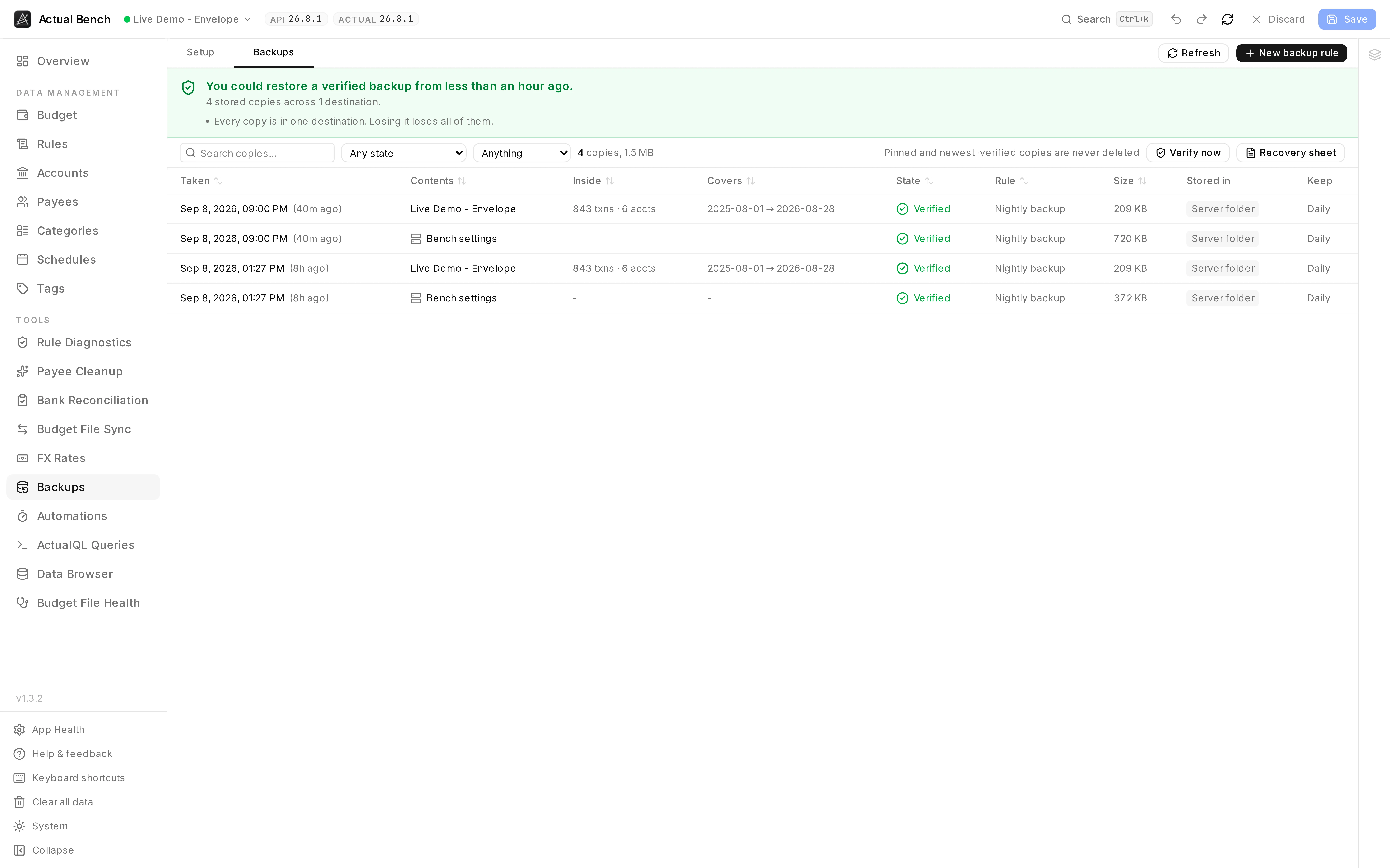 The Backups setup tab, with a destination, a nightly rule and the retention it keeps.