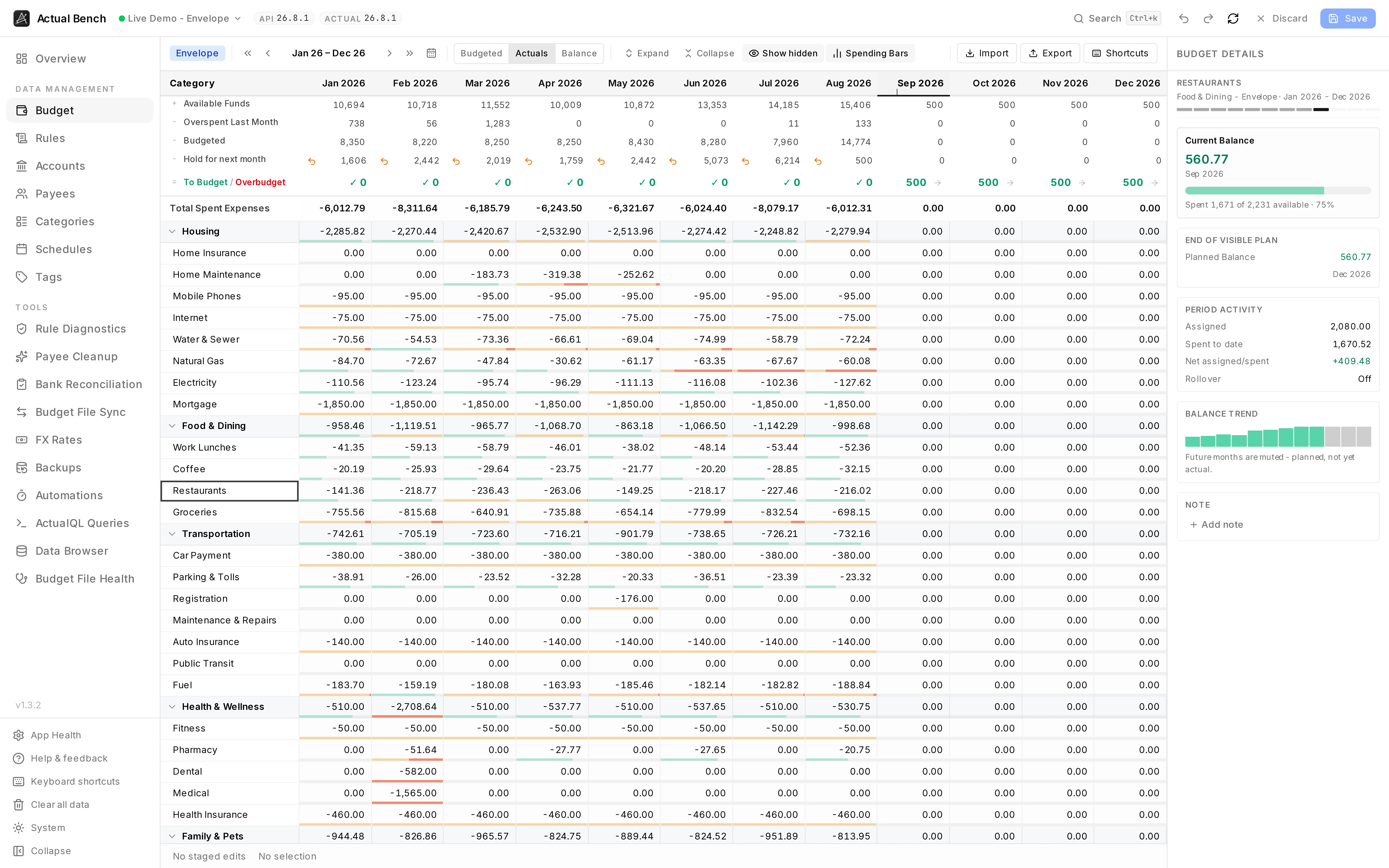The grid in the Actuals view, showing what each category actually spent in each month.