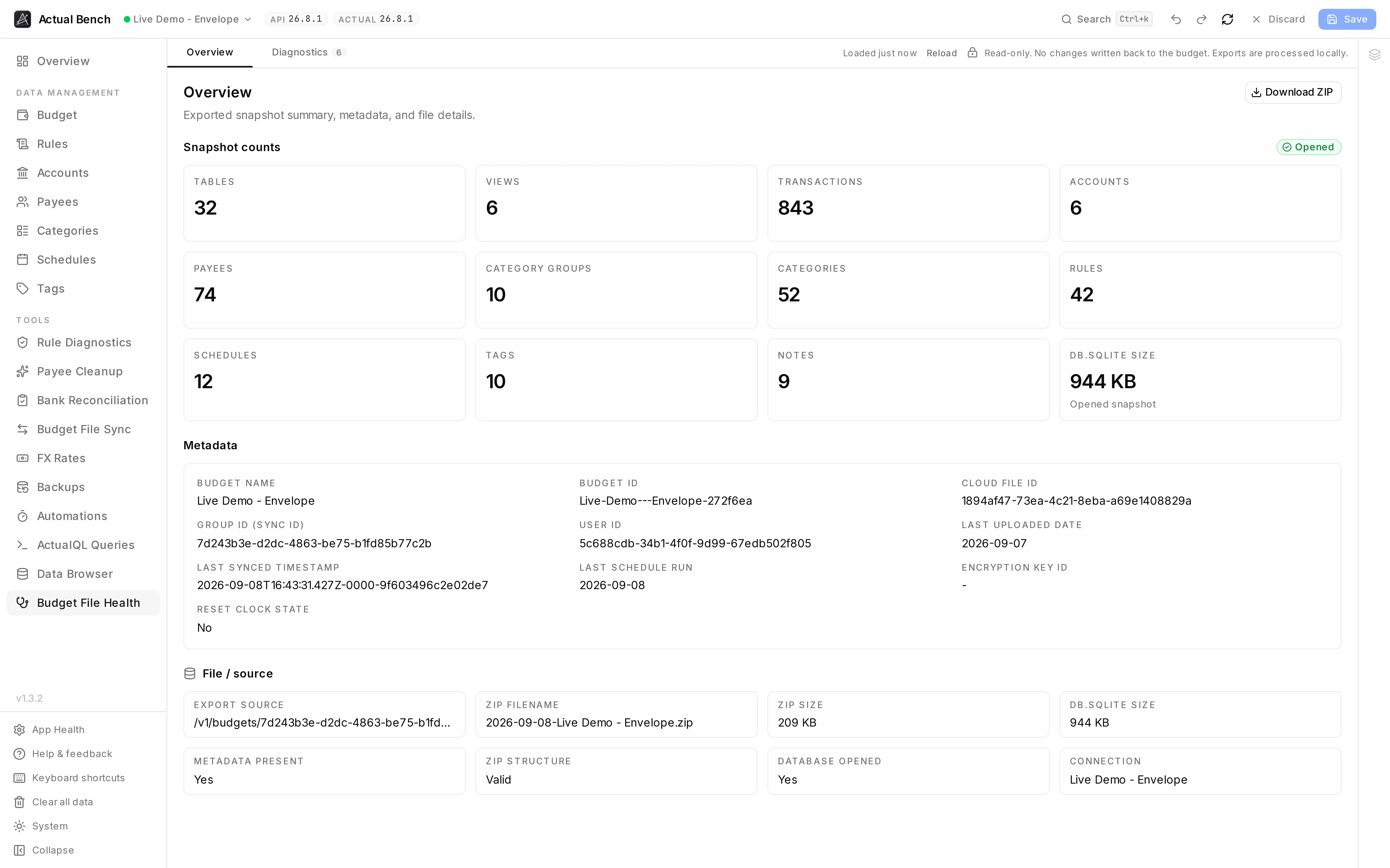 Budget File Health's overview: counts for every object in the snapshot, its metadata, and the file it came from.