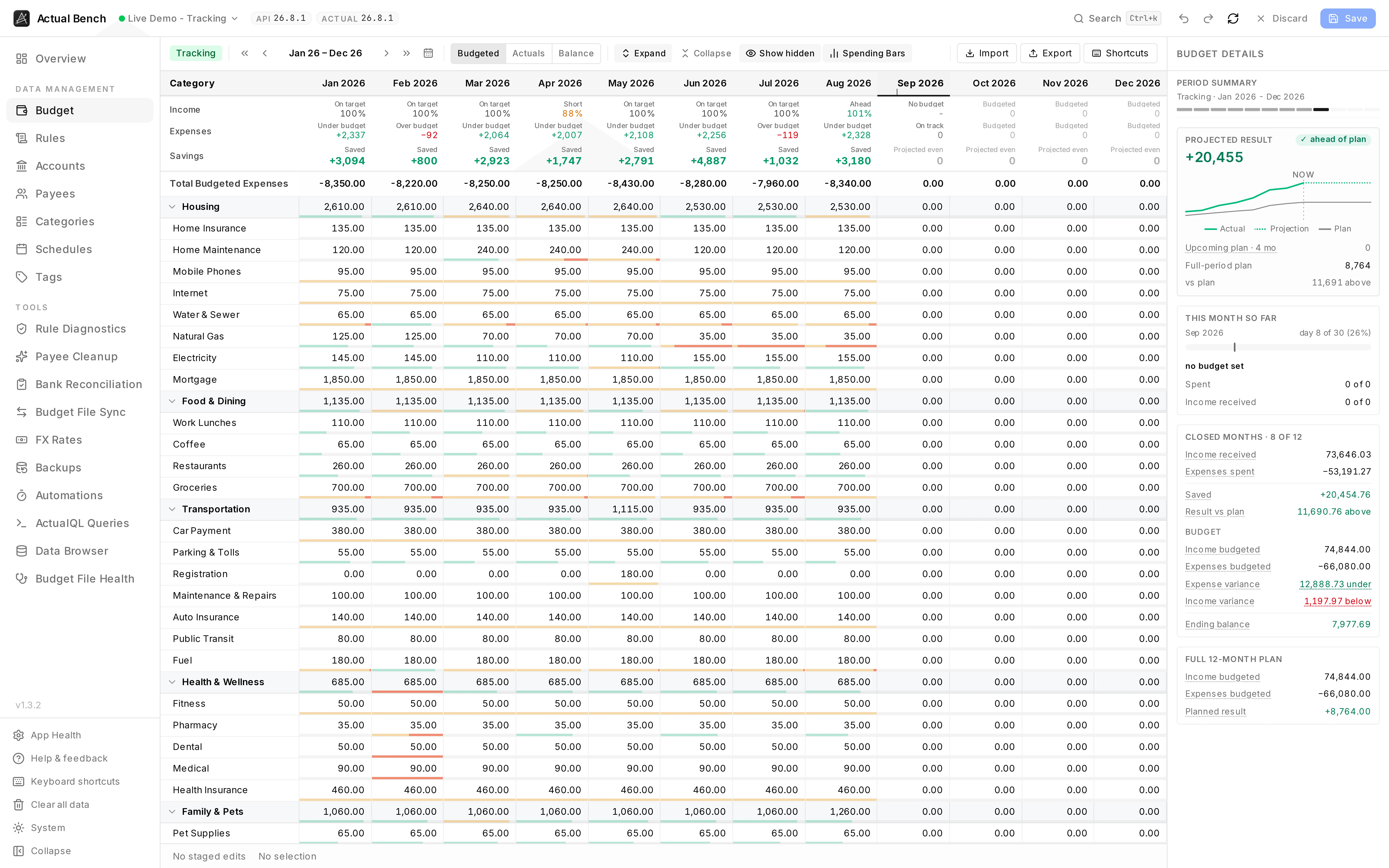 The same workspace connected to a Tracking budget, showing income, expenses and savings per month.