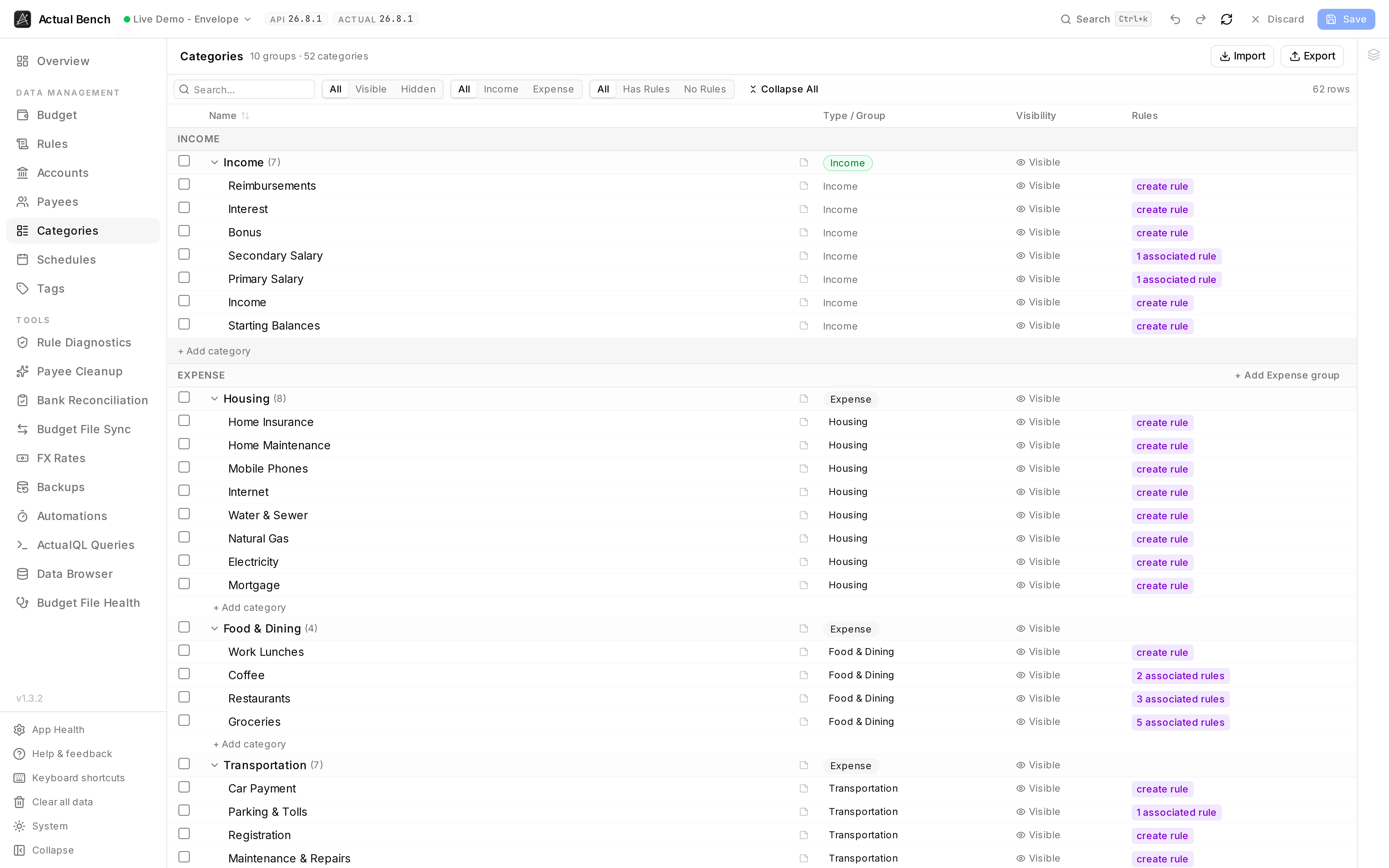 The Categories page with income and expense groups expanded, each category showing visibility and rule references.