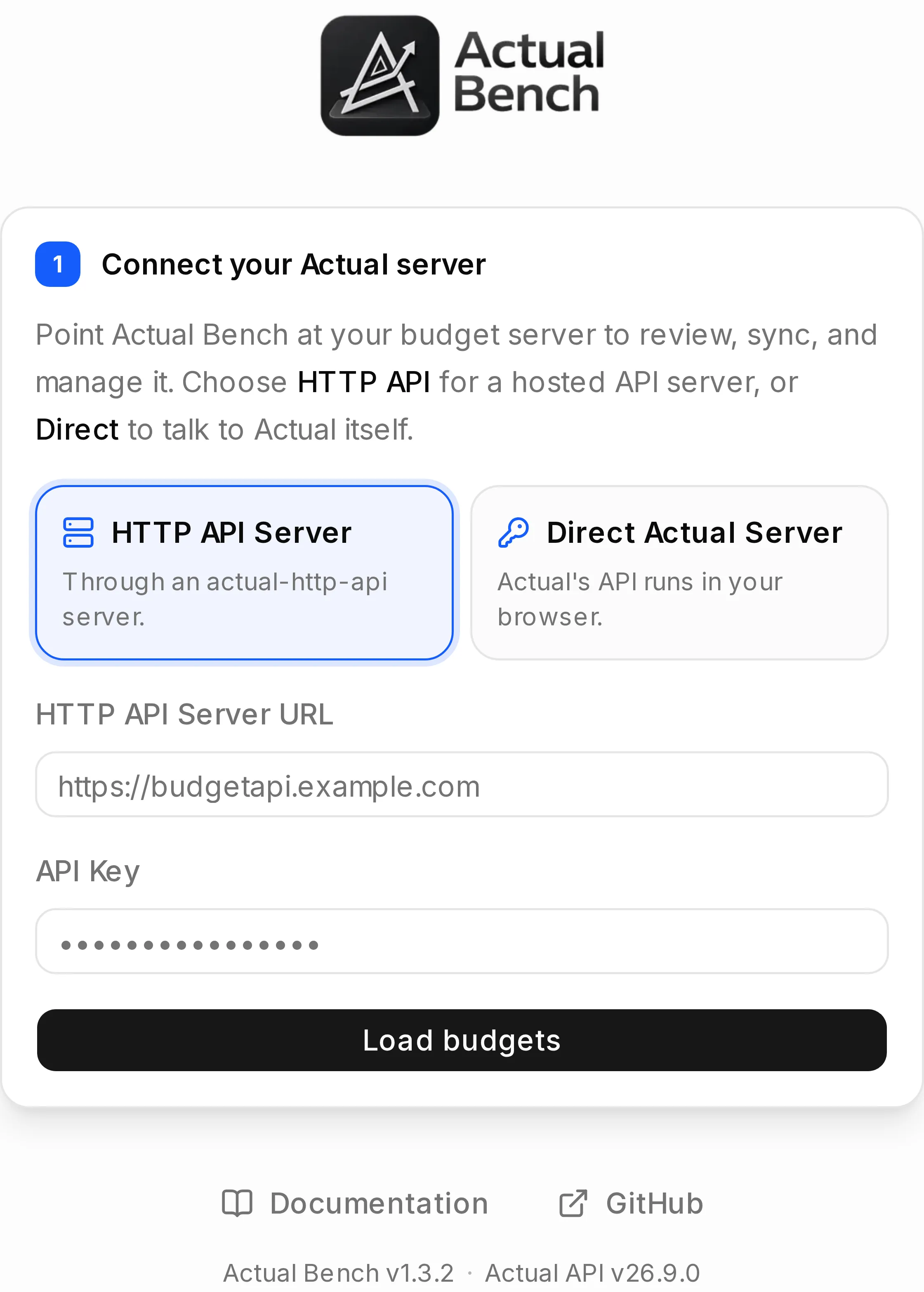 The connect screen on a first run: choose Direct or HTTP API, then enter the server details.