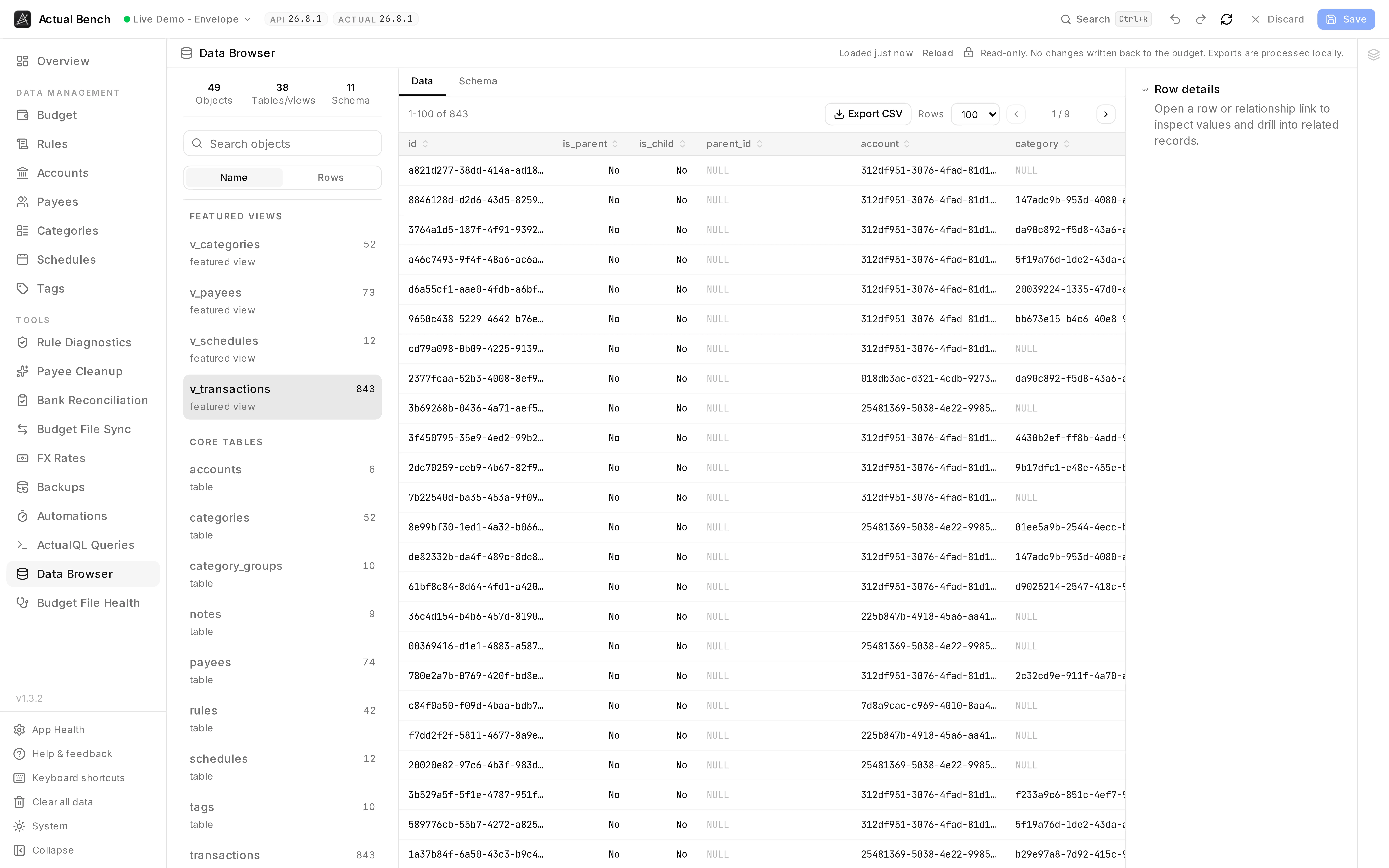 The Data Browser: the snapshot's tables and views on the left, rows of v_transactions in the middle, and the row-details panel on the right.