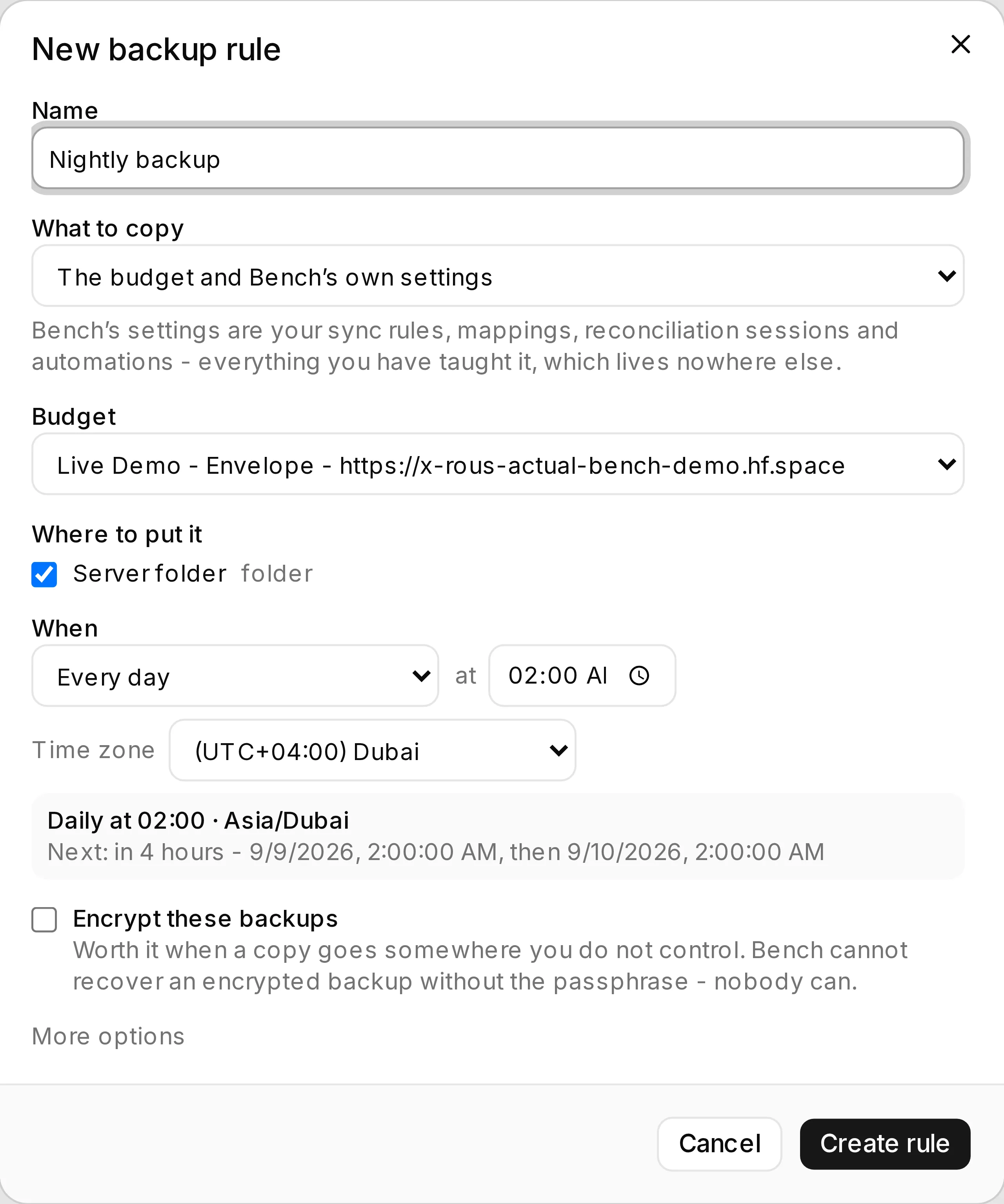 The backup rule dialog: what to copy, which budget, where to put it, and when.