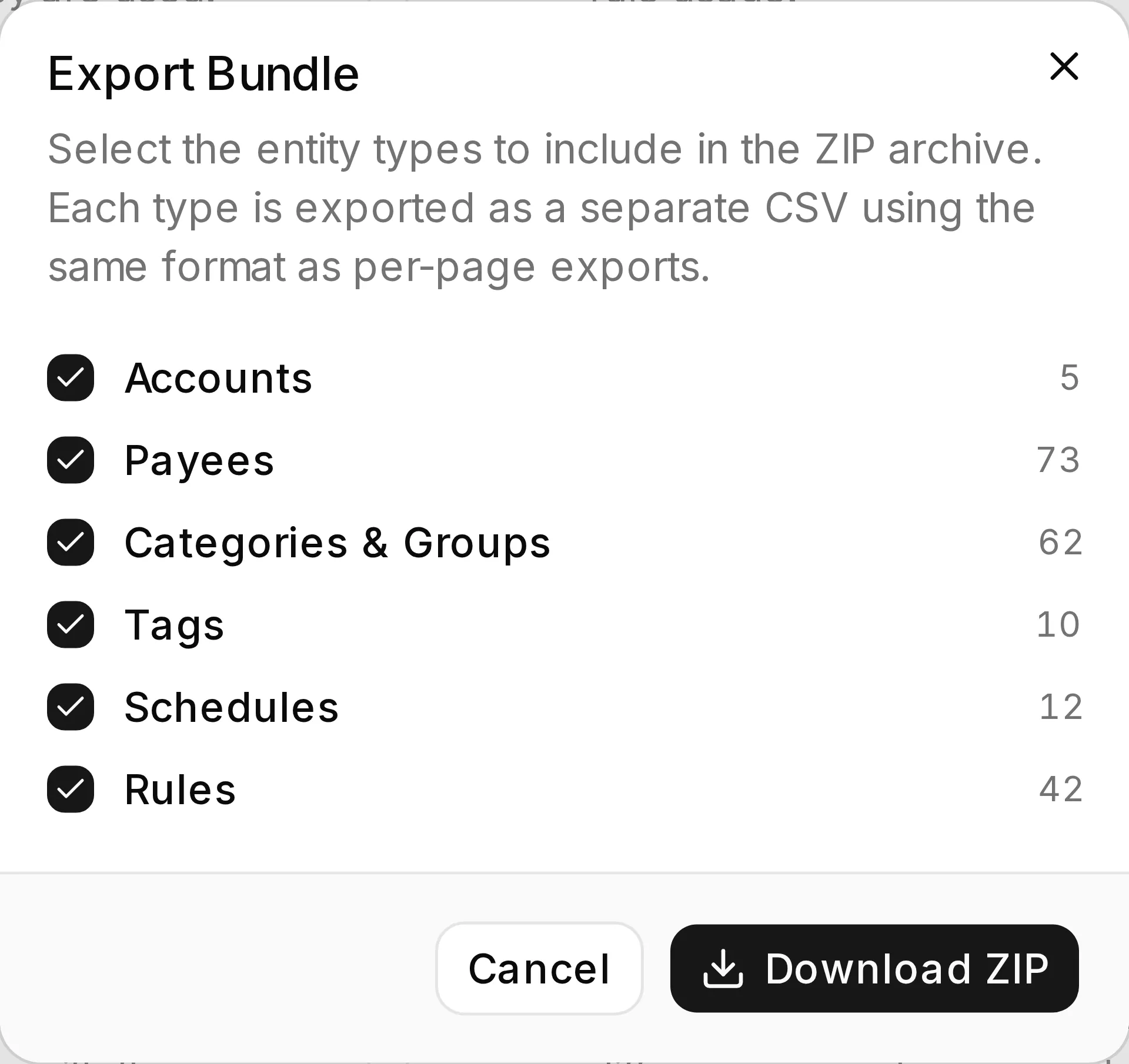 The bundle export dialog listing what the ZIP will contain.