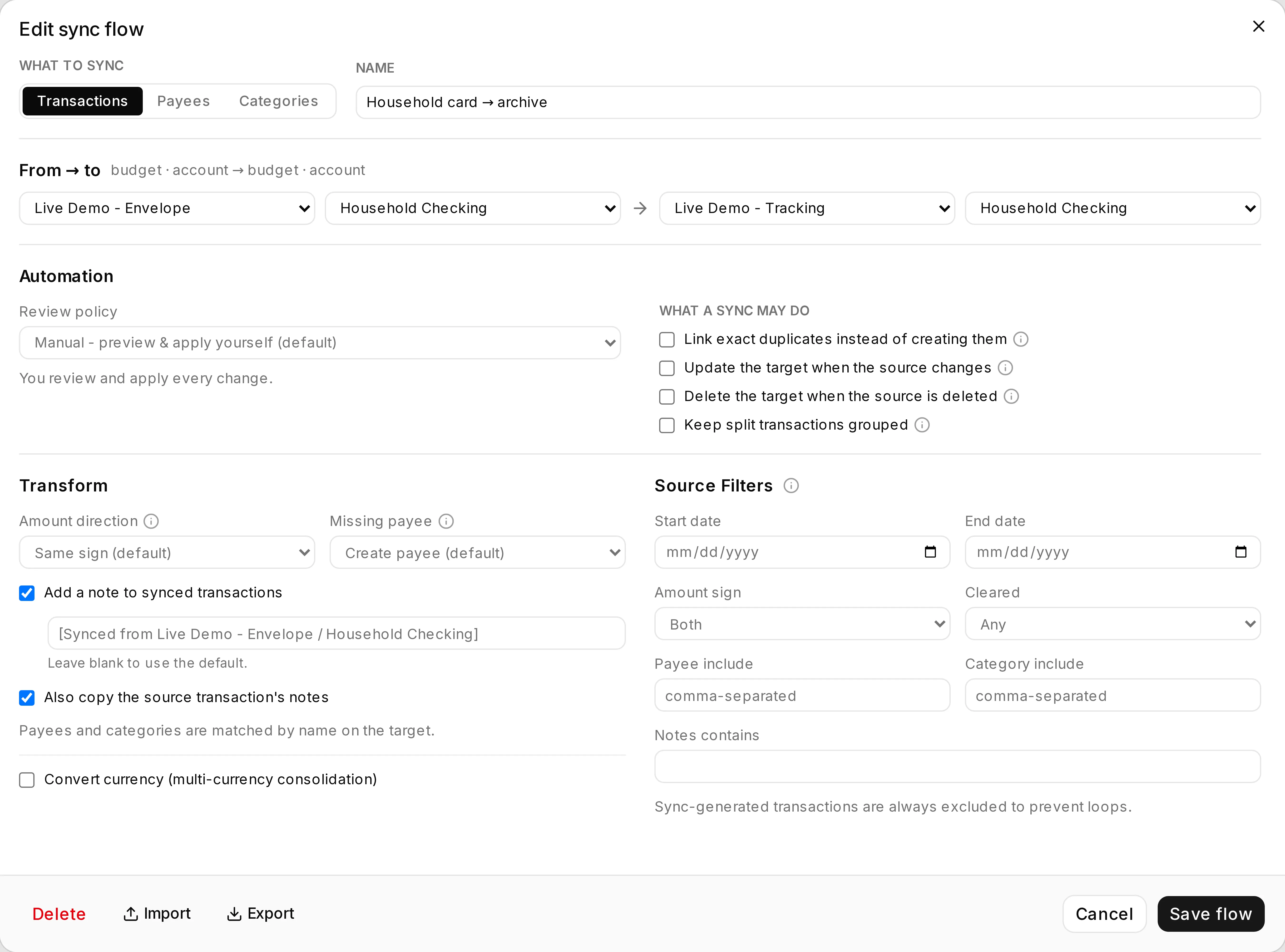 The flow editor: source and target endpoints, what to sync, and the safety options.
