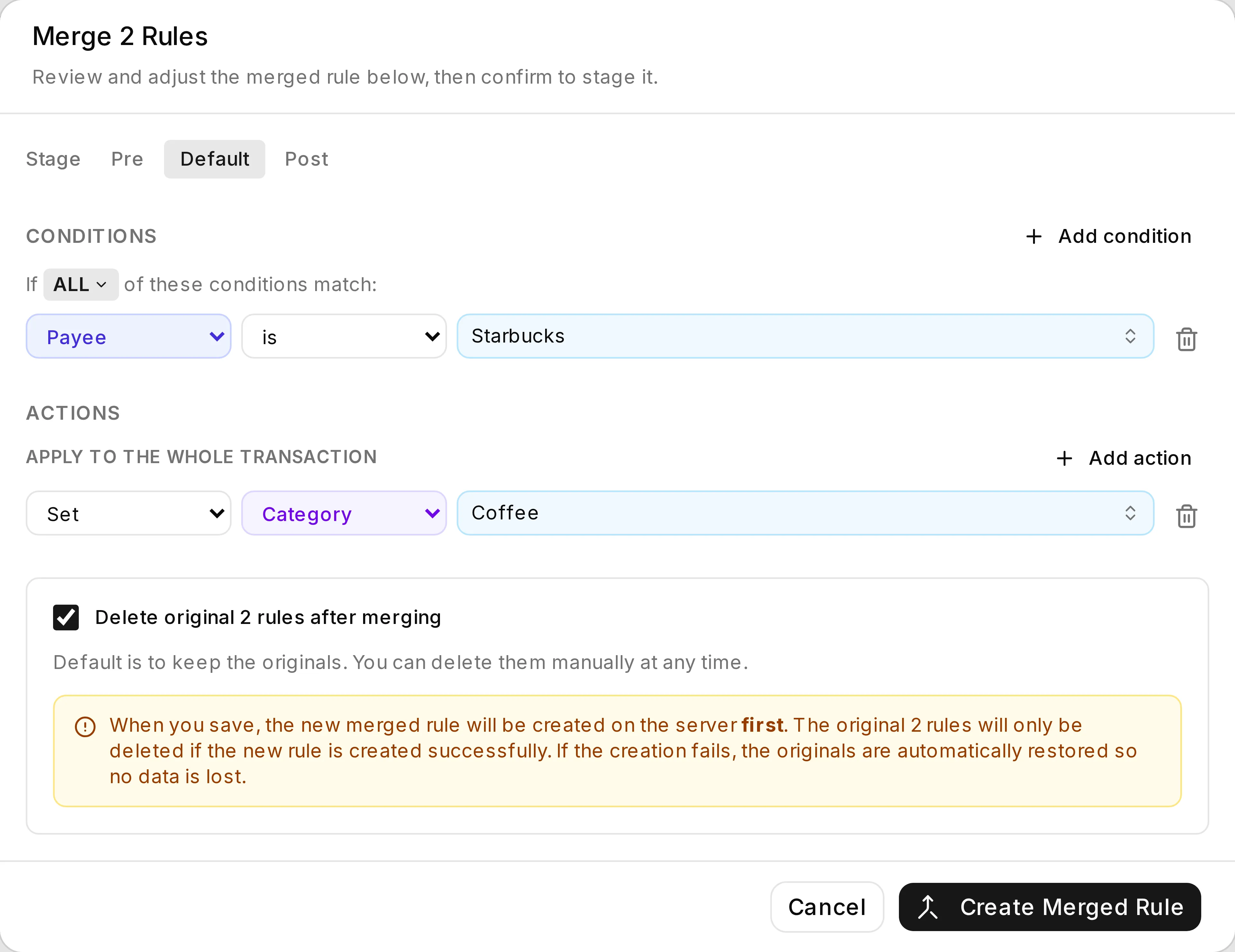 The merge dialog, pre-filled from a duplicate finding, with the merged rule and the delete-originals choice.