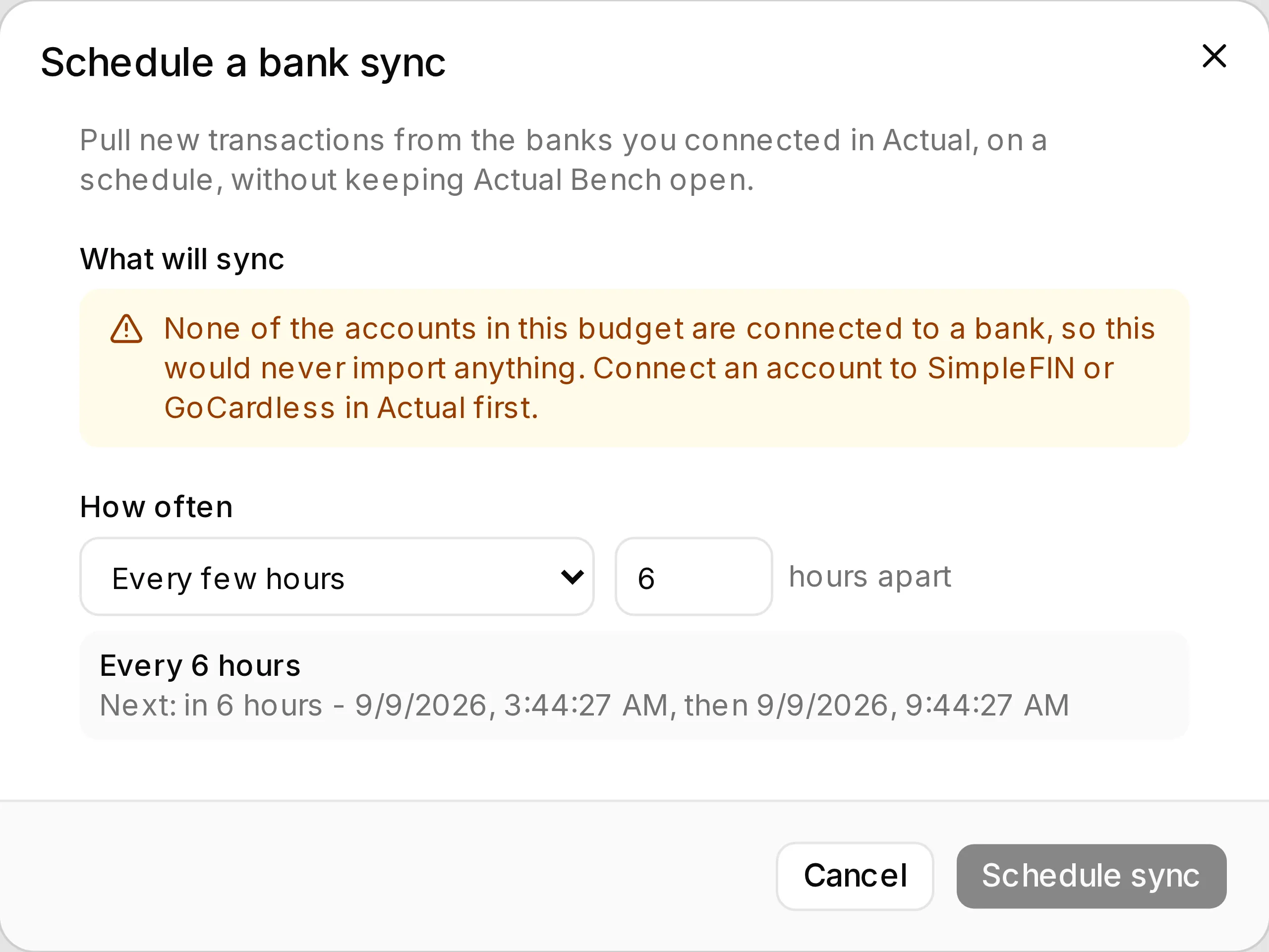 The bank sync dialog, warning that no account in this budget is linked to a bank.