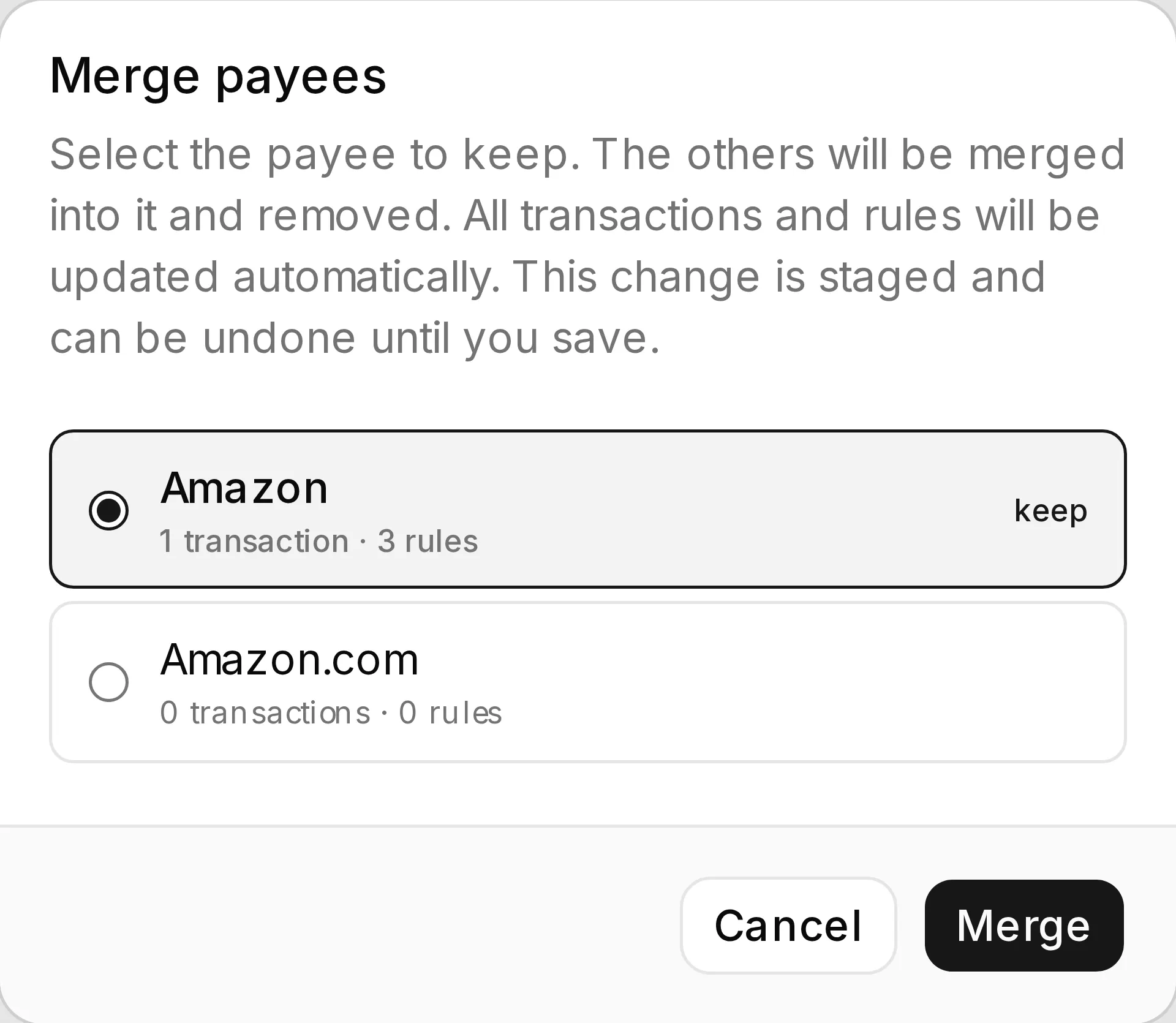 The payee merge dialog: which payee survives, and what the merge would move.