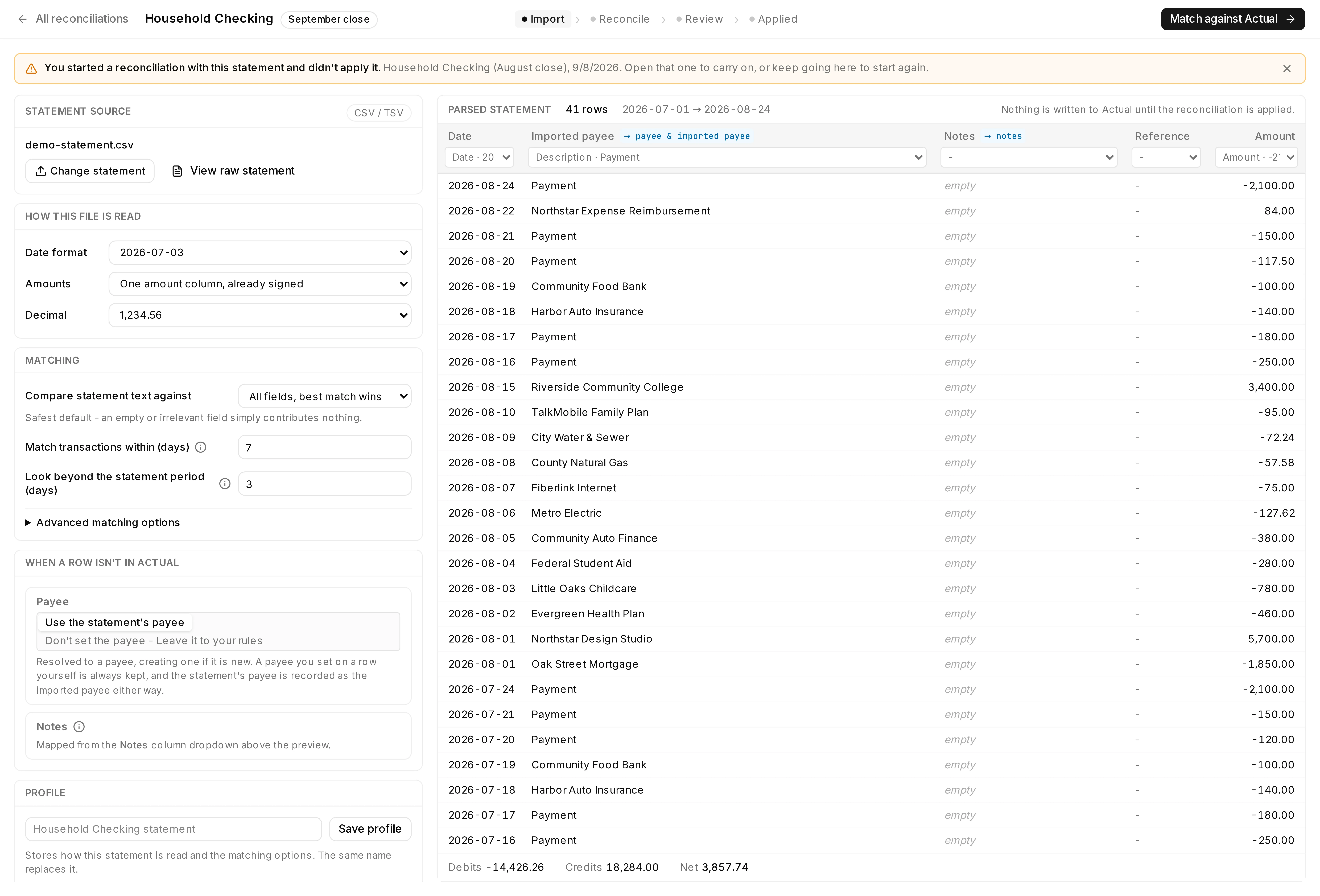 The import screen: statement source, date and amount conventions and matching options on the left, the whole parsed statement on the right with its column mapping.