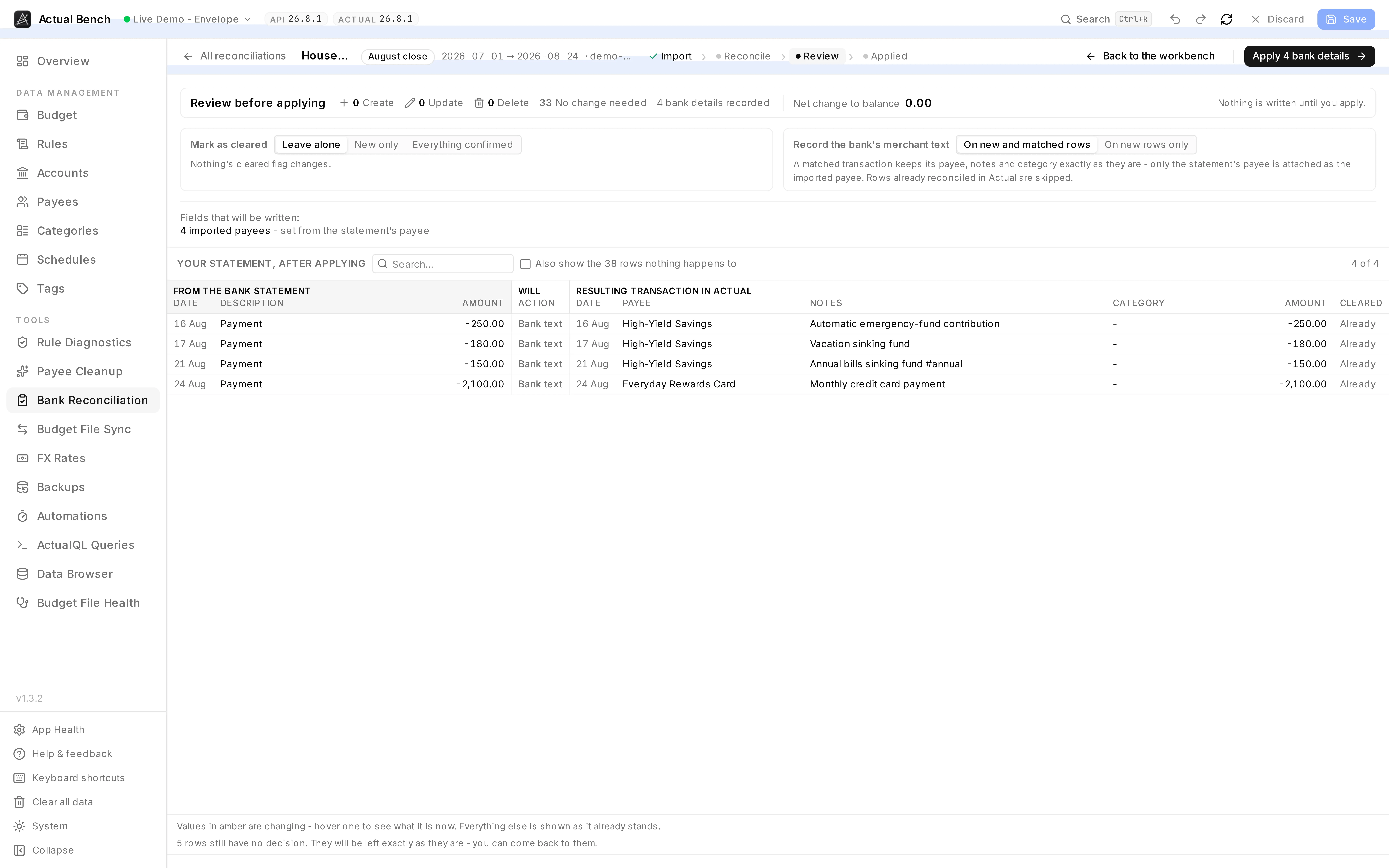 The review screen: counts for create, update and delete, the net balance change, the two write settings, and each row shown as it will look afterwards.