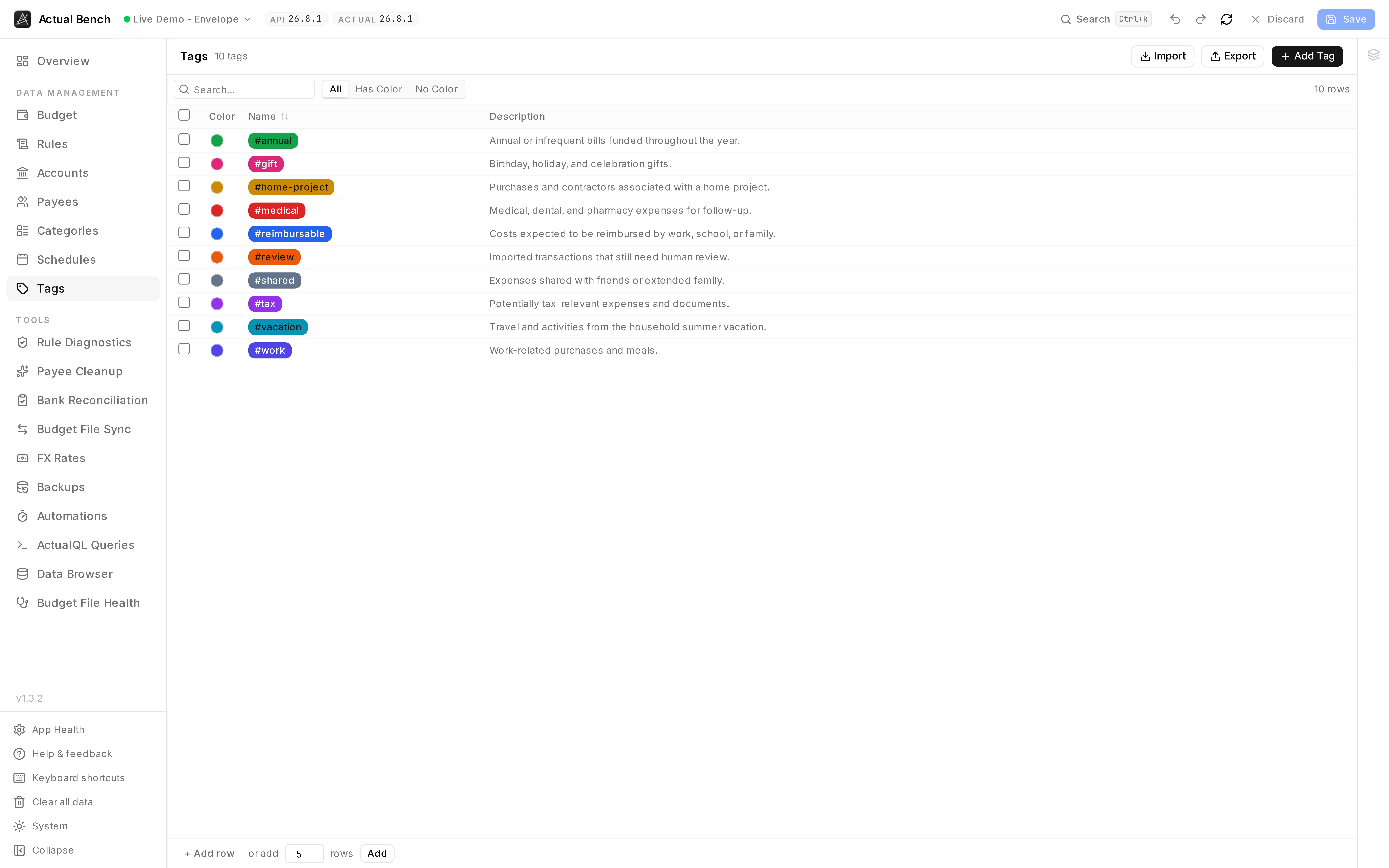 The Tags page: ten tags with their colours and a description of what each is for.